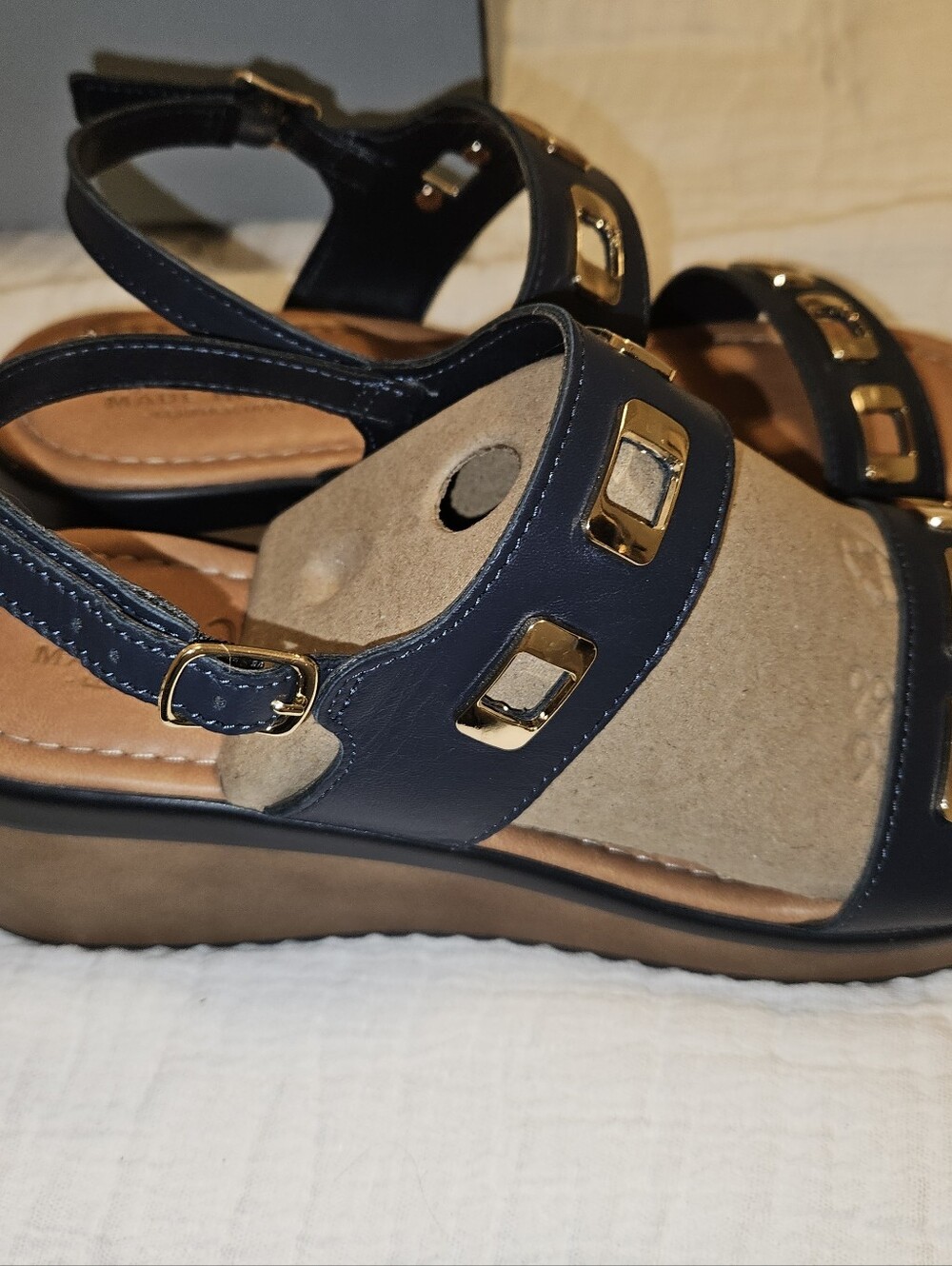 Bella Vita Women’s Leather Navy and Taupe Comfort Sandals with Gold Accents